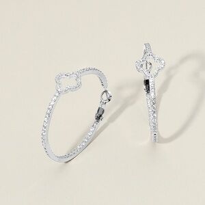 14K Gold Plated CZ Stone Paved Open Quatrefoil Accent Hoop Earrings